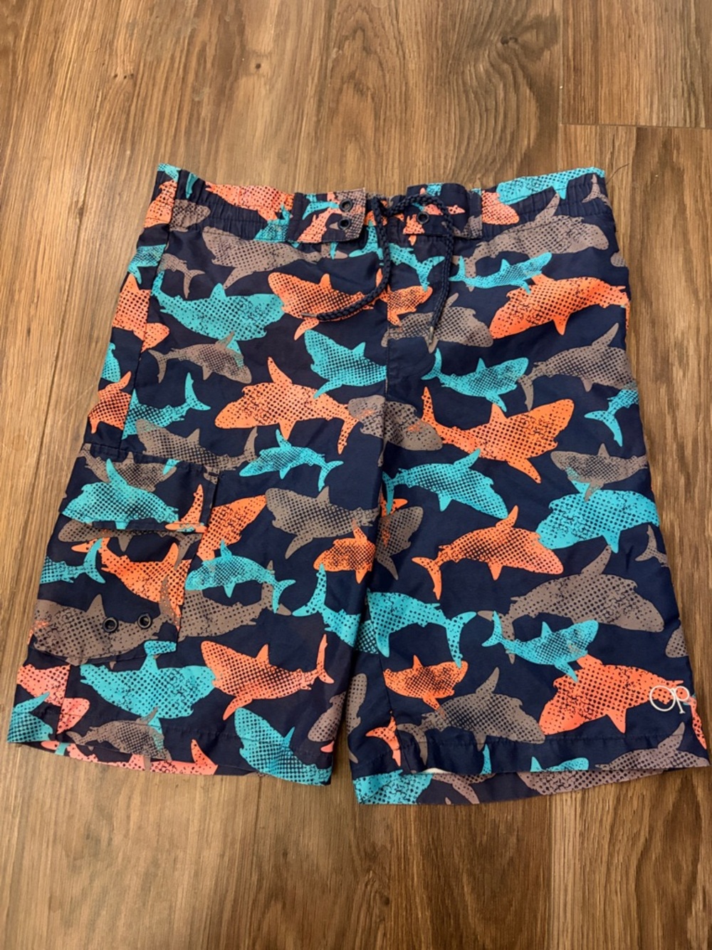 OP Kids Swim Trunks - Navy with Orange, Teal, and Gray Shark Print